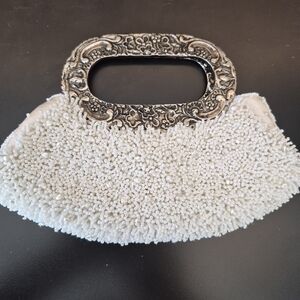 Cache White Beaded Handbag with Ornate Metal Handle